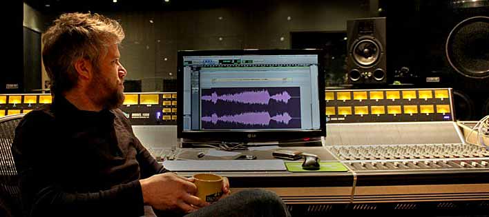 Producer, guitarist Brad Worrell at recording console