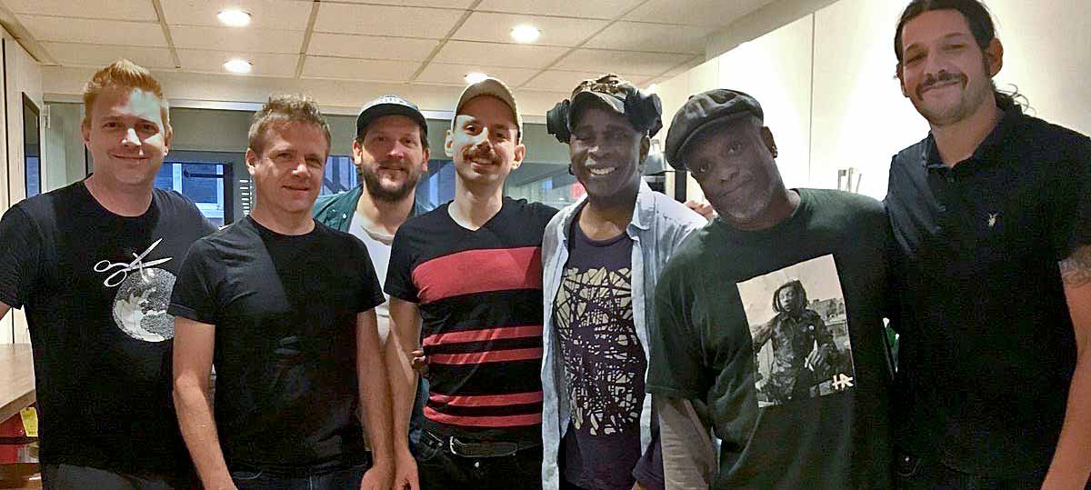 Going Off Track podcast hosts with Living Colour's Corey Glover and Vernon Reid 